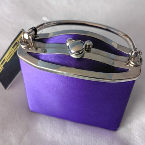 NWT Sasha Purple Satin Mini Bag Top-Handle + Metal Strap Retro Frame Purse - Picture 6 of 7